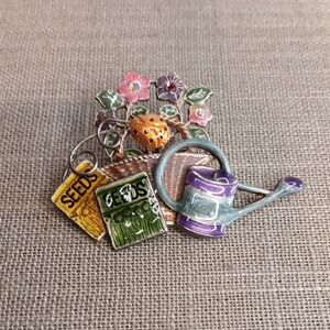 KC Garden Themed Brooch with Watering Can and Flowers Vintage